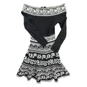 Eliza J Sweater Dress PXS Flare Geometric Spanish Floral‎ Swing Off Shoulder Zip